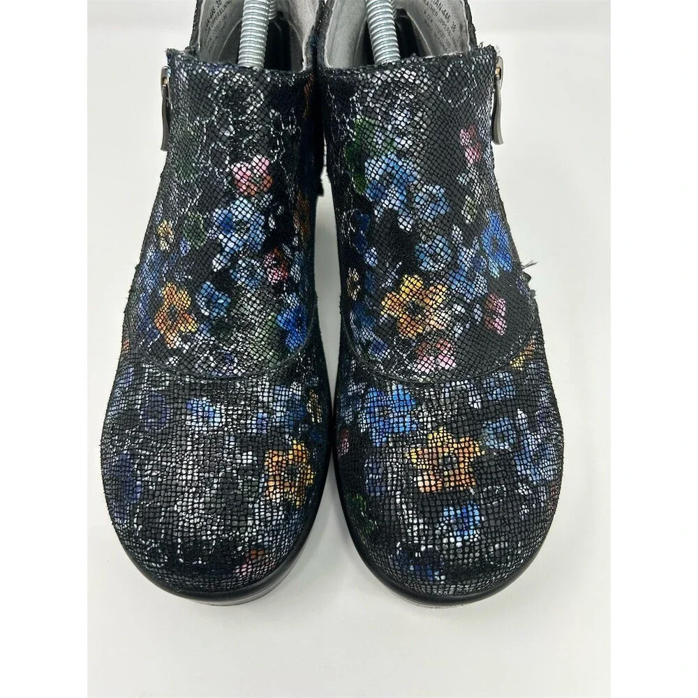 Alegria Hannah Womens Ankle Booties Black Floral Side Zip Block Heel Size 38